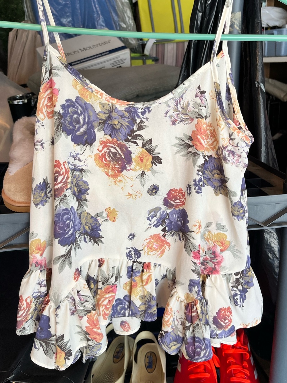 Soprano Cream Floral Ruffle Cami with Purple & Coral Roses
